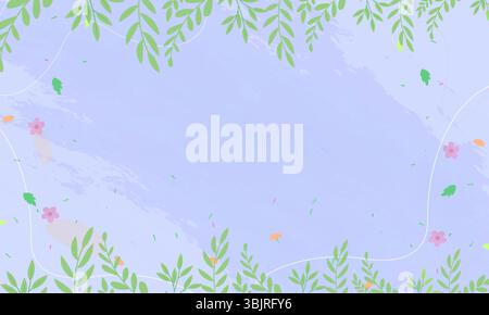 Violetter Hintergrund mit grünen Blättern, rosa Blumen, geeignet als naturbelassener Hintergrund für Grußkarten, Hintergrundbilder oder Social Media Posts. Stock Vektor