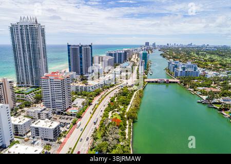 Miami Beach Florida North Beach, Luftsicht von oben mit Blick nach unten, Atlantik Wasser, Stadt Skyline hohe Eigentumswohnungen Eigentumswohnungen, Colli Stockfoto