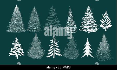 Set mit grafischen, schneebedeckten Weihnachtsbäumen. Handzeichnung. Nicht AI. Vektorabbildung Stock Vektor