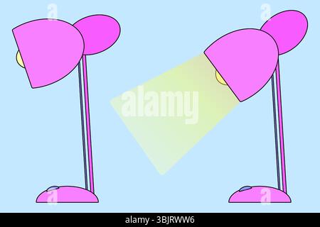 Karikaturvektor-Illustration eines Satzes rosa Schreibtischlampe in zwei Positionen, eine beleuchtet und eine aus, auf blauem Hintergrund. Für das Thema „zurück zur Schule“, „Bildung“ Stock Vektor