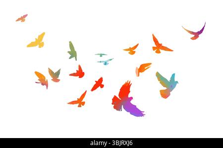 Fliegende farbige Vogelsilhouetten auf weißem Hintergrund. Vektorabbildung. Isolierte Vogelfliegen. Tattoo-Design. Stock Vektor