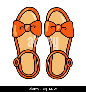 Sandalen in Cartoon-Orange mit niedlichen Schleifen und Knöchelriemen. Stylische, offene Sommerschuhe für Mädchen und Damen Stock Vektor