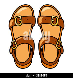 Braune Ledersandalen in Cartoon. Lässige Unisex-Sommerschuhe mit Riemen und Schnallen für den Urlaub oder den Alltag Stock Vektor