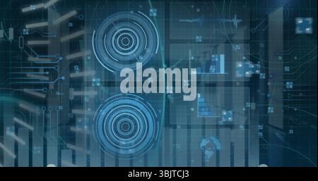 Anzeigen konzentrischer HUD-Ziele, die mit dem Mauszeiger über das Raster-Overlay zeigen, mit verschiebbaren Datenknoten Stockfoto
