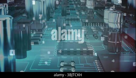 Hervorhebung von Leiterplatten-Clustern, die Spuren im Labor zeigen, mit Kondensatoren, IC-Chips und Widerstandsarrays Stockfoto