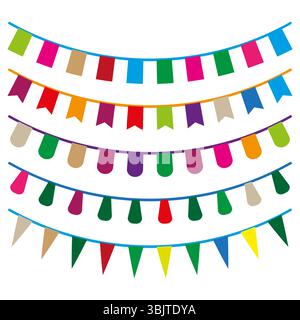 Festliche Fahnen. Farbenfrohe Partydekoration. Vektorfeier Girlande. Dreieckige Bannerkette. Stock Vektor