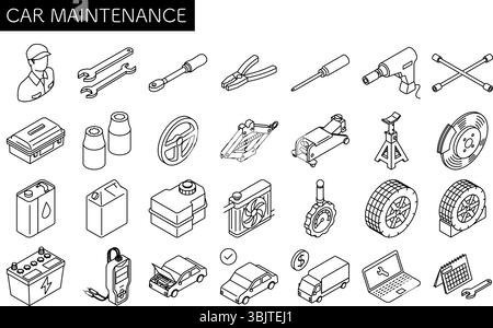 Einfaches und niedliches Symbol für die Fahrzeugwartung, isometrisch, Illustrationssatz für regelmäßige Inspektionen wie Reifen- und Ölwechsel, schwarz Stock Vektor