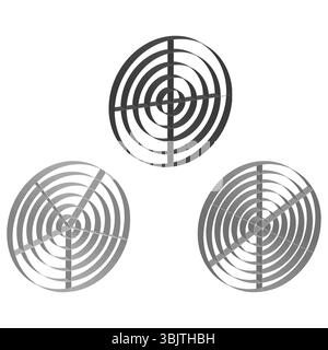 Konzentrische Kreissymbole. Radiale Vektorformen. Abstrakte Spiralformen. Schwarzweißsymmetrie. Stock Vektor