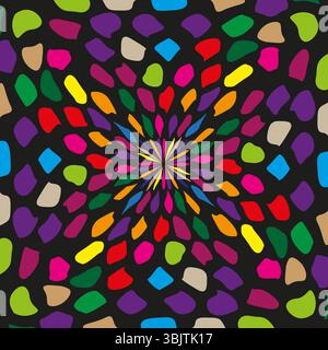 Explosion des Blütenblatts. Farbenfrohe Blumenfigur. Dekorativer abstrakter Vektor. Dunkler Hintergrund. Stock Vektor