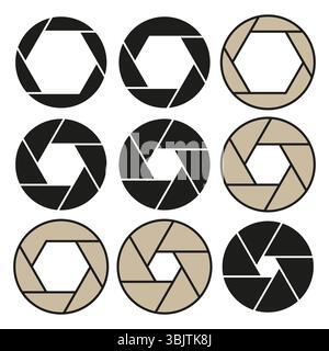 Symbol für Kameraöffnung. Objektivelement für Fotoobjektive. Optisches Fokussymbol. Blendenvektormechanismus. Stock Vektor