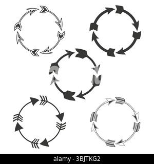 Sammlung mit kreisförmigen Pfeilen. Symbol für die Recyclingschleife. Durchflussrichtungsanzeiger. Rundes Vektoremblem. Stock Vektor