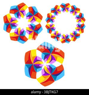 Geometrische Blumensymbole. Radiale Ornamente. Farbenfrohe Blütenblätter. Abstrakte Vektorsymbole. Stock Vektor