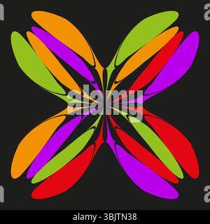Mehrfarbiges Blumenmuster. Abstraktes Blütenblatt-Ornament. Vektorflorale Symmetrie. Schwarzes Hintergrundbild. Stock Vektor