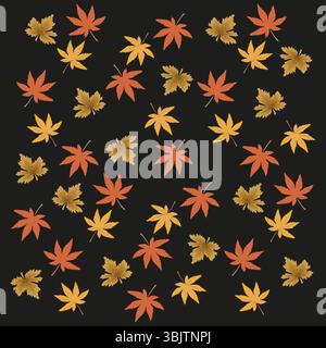 Herbstblattmuster. Saisonales Laubdesign. Gelbe orange Brauntöne. Schwarzer Hintergrundvektor. Stock Vektor
