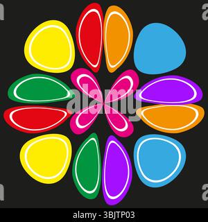 Farbige Tropfenblume. Heller Radialvektor. Dunkler Hintergrund. Symbol für mehrfarbige Symmetrie. Stock Vektor