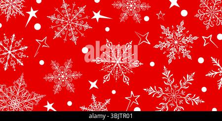 Eine lebendige Weihnachtsillustration mit großen, komplizierten Schneeflocken in verschiedenen Designs, durchsetzt mit Sternen und kleinen Kreisen, weiß auf roter Rückseite Stock Vektor