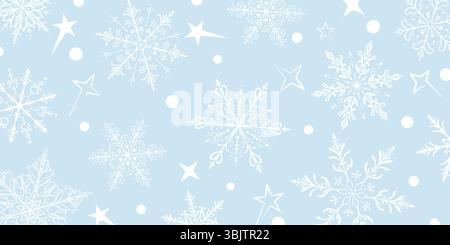 Eine lebendige Weihnachtsillustration mit großen, komplizierten Schneeflocken in verschiedenen Designs, durchsetzt mit Sternen und kleinen Kreisen, weiß auf hellem blau Stock Vektor