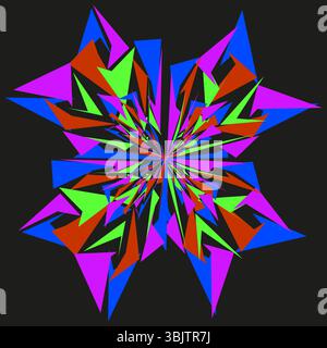 Farbiges Starburst-Muster. Kaleidoskop-Vektor-Mandala. Abstrakter Blütenstern. Schwarzer Hintergrundkontrast. Stock Vektor