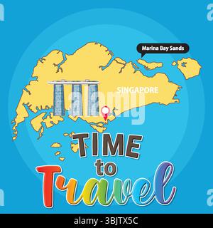 Bunte Vektor-Illustration von Singapur Karte, die Marina Bay Sands hervorhebt. Enthält lebendige Typografie und geografische Details Stock Vektor