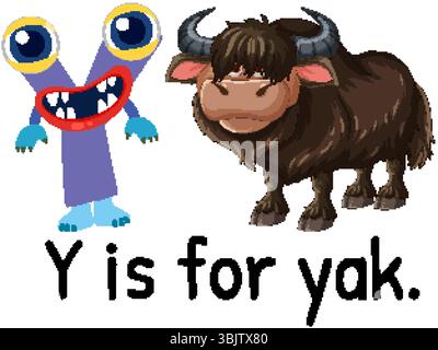 Bunte Vektor-Illustration eines Yaks und einer verspielten Zeichentrickfigur, die den Buchstaben Y darstellt. Geeignet für Lehrmaterialien Stock Vektor