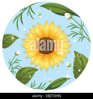 Helle Sonnenblumenillustration mit grünen Blättern und Knospen auf einem hellblauen Hintergrund. Kreisförmige Komposition mit einem frischen, lebendigen Gefühl Stock Vektor