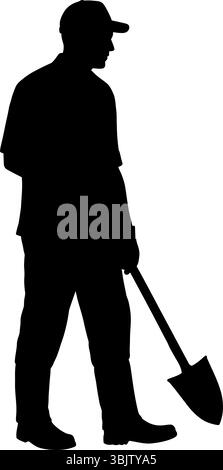 Die Silhouette des Gärtners steht mit einem Schaufelwerkzeug auf weißem Hintergrund Stock Vektor