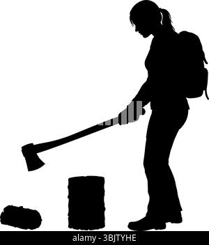 Silhouette-Frau, die Holz mit Axt hackt und Brennholz im Freien vorbereitet Stock Vektor