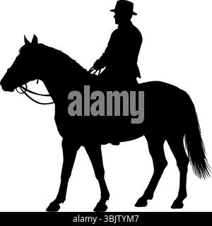Die Silhouette des Reitens zeigt einen Mann auf einem Pferd im starken Schwarz-weiß-Kontrast-Reitsport Stock Vektor
