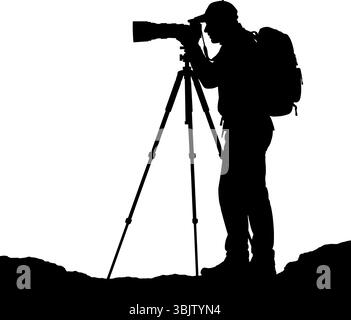 Der Silhouettenfotograf verwendet ein Teleobjektiv, um tagsüber Landschaften im Freien zu fotografieren Stock Vektor