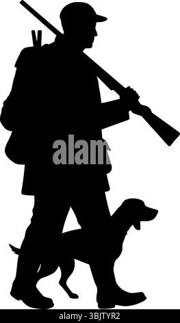 Hunter Silhouette Spaziergänge mit Hund, der ein Gewehr hält, bereit für die Jagd im Freien Stock Vektor