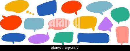 Farbige handgezeichnete Sprechblasen-Sammlung. Gekritzeltes Dialogfeld. Comic-Sprechrahmen mit strukturiertem Filzmarker. Textfeld-Paket mit rotem, blauem und grünem Ballon. Hell skizziertes Chatbox-Paket. Vektor Stock Vektor