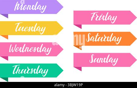 Farbenfrohe und verspielte Aufkleber mit Wochentagen, perfekt für Planer, Zeitschriften und kreative Projekte. Stock Vektor