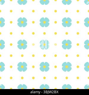 Nahtloses Muster mit blauen Blumen, gelben Mittelpunkten und gelben Punkten auf weißem Hintergrund. Minimalistisches Blumenmuster in Pastellfarben im flachen Cartoon-Stil. Vektor Stock Vektor