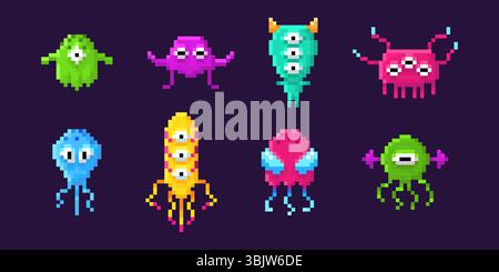 Retro Space Invader Pixel Aliens – farbenfrohe 8-Bit-Monster im klassischen Arcade-Stil. Schrullige Spielfiguren mit mehreren Augen, Tentakeln und einzigartigen Formen für nostalgische Spielgrafiken oder digitale Kunst. Stock Vektor