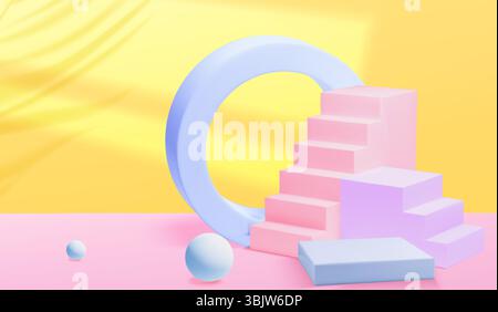 Pastelltreppenpodium – Farbverläufe mit Kreisen und Kugeln in Pastellfarben. Abstrakte 3D-Komposition mit Sonnenlicht-Schatten an der Wand für Sommerproduktpräsentationen oder Modeschauen. Stock Vektor