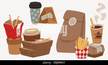Papierpackung zum Mitnehmen – braune Kraftfutterbehälter mit Kaffeetassen, Nudelboxen, pommes Frites und Liefertüten. Umweltfreundliche Einwegverpackungen für Cafés und Fast-Food-Service. Stock Vektor