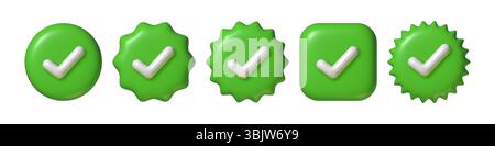 3D-Symbol mit grünem Häkchen. Realistisches Plastikabzeichen mit weißer Zecke Stock Vektor