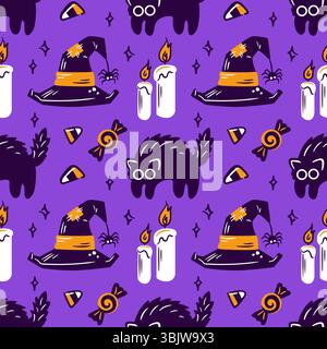 Das nahtlose Muster umfasst skurrile Hexenhüte, schwarze Katzen, leuchtende Kerzen und eine Auswahl an Süßigkeiten. Perfekt für Halloween-Designs Stock Vektor