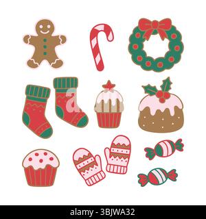Weihnachtsschmuck, Lebkuchenmann, Zuckerrohr, Kranz, Cupcakes, Pudding, Socken, Fäustlinge, Süßigkeiten, flache Vektor-Illustration Stock Vektor