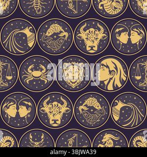 Das nahtlose Muster zeigt Sternzeichen in einem eleganten goldenen Design vor dunklem Hintergrund. Perfekt für Projekte mit Astrologie-Thema Stock Vektor