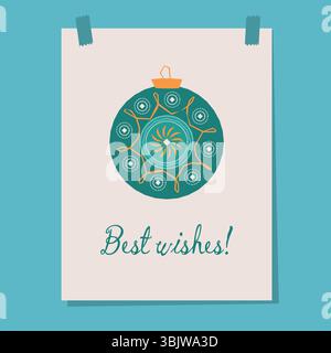 Weihnachtsgrußkarte mit rundem Vintage-Weihnachtsschmuck und besten Wünschen Text, Retro festliches Postkartendesign, flache Vektorillustration, Petrol und Stock Vektor