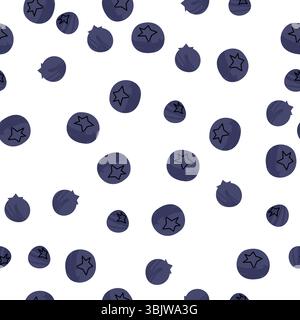 Nahtloses Muster mit handgezeichneten Heidelbeeren, dunkle lila Beeren, einfache flache Vektorillustration, weißer Hintergrund, Fruchtdesign für Stoff, Textil Stock Vektor