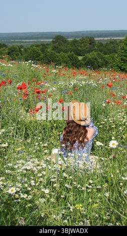 Eine Frau sitzt friedlich auf einer lebendigen Wildblumenwiese voller roter Mohnblumen und weißer Gänseblümchen. Sie blickt auf die weitläufigen grünen Hügel unter einem klaren Himmel Stockfoto