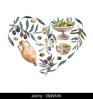 Eine herzförmige Komposition aus Olivenbaumzweigen und Früchten, einer griechischen Amphore und Gerichten mit Oliven. Die Aquarellabbildung ist Hand Stockfoto