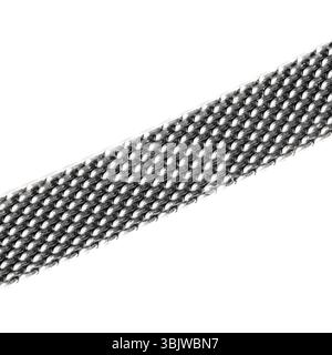 Detaillierte Abbildung einer metallischen Netzstruktur auf weißem Hintergrund, die das komplizierte und symmetrische Muster zeigt. Perfekt für Design und Motor Stockfoto