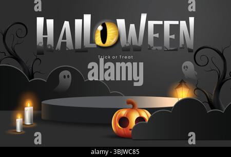 Happy Halloween Podium Clipart Hintergrund Design. Halloween-Trick-or-Treat-Bühne für Produktwerbung Clip-Art mit Papier geschnittenem Waldgrusel Stock Vektor