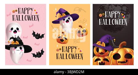 Happy Halloween Gruß Clipart Poster Set. Süße und lustige Geister, Kürbisfiguren mit Hexenhut und Grußtext-Clip-Art-Sammlung Stock Vektor