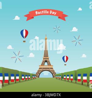Eiffelturm gegen den Himmel. Bastille Day Poster Vektor-Illustration Stock Vektor