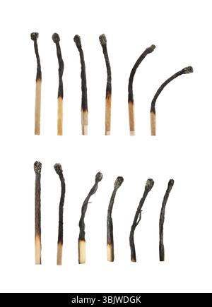 Satz verbrannter Übereinstimmungen isoliert auf weiß Stockfoto