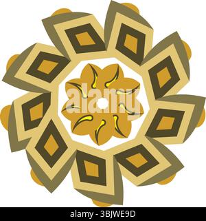 Ein lebendiges abstraktes digitales Kunstwerk mit einem symmetrischen, goldenen geometrischen Mandala mit strahlenden Innenformen und mehrschichtigen Rauten auf einem klaren weiß Stock Vektor